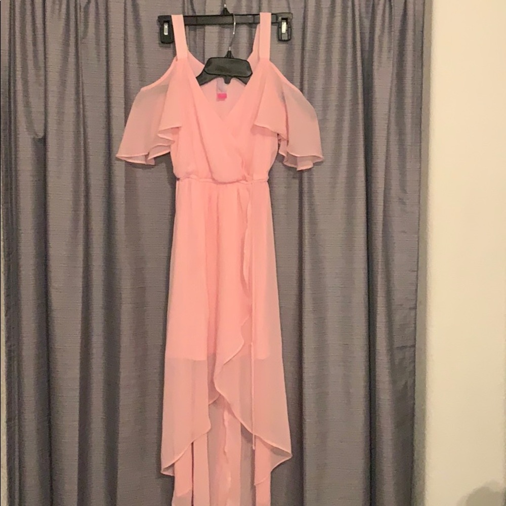 Hi low, ruffle cold shoulder wrap style dress